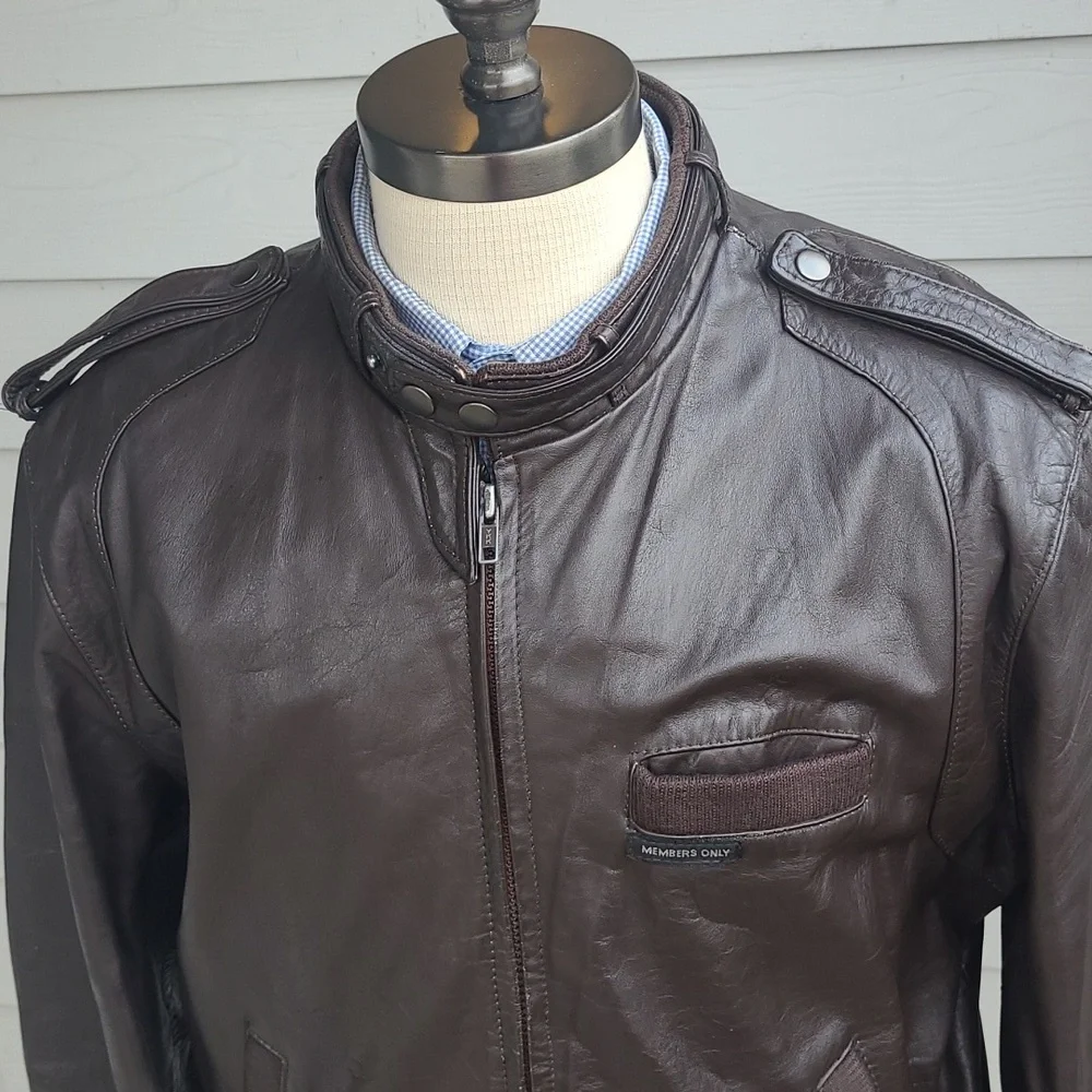 MEMBERS ONLY Dark Brown Leather Moto Racer Mens 46 XL Full Zip Jacket‎ VTG RARE - Picture 2 of 11